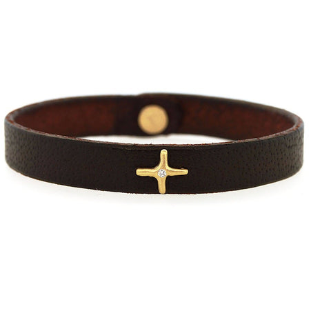 Leather Bracelet with Gold and Diamond Cross