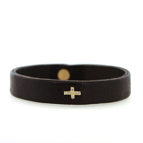 Buffalo Leather Bracelet with Gold and Diamond Cross