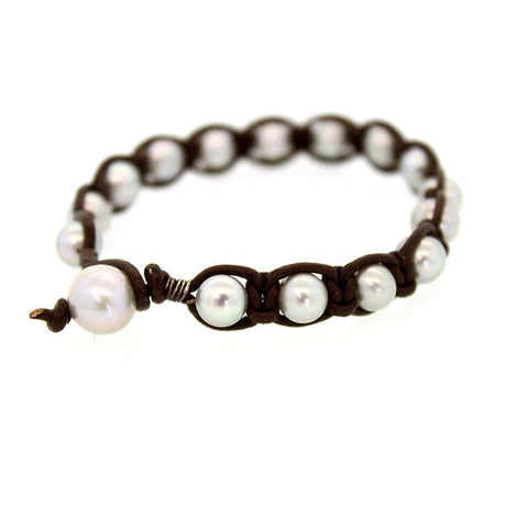 Leather and Gray Pearl Bracelet