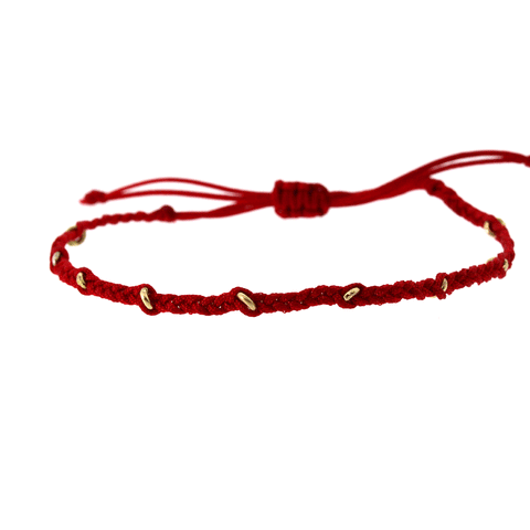 Red Macrame and Gold Ring Bracelet
