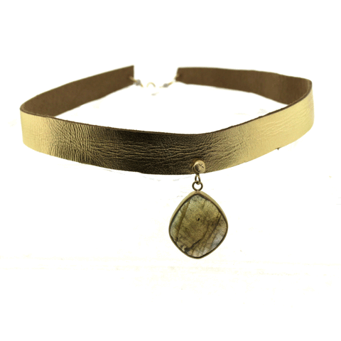 Gold Leather & Labradorite Choker Necklace
