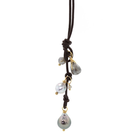 Leather Lariat with Pearls & Labradorite Necklace