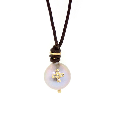 Diamond Cross, Pearl & Leather Necklace