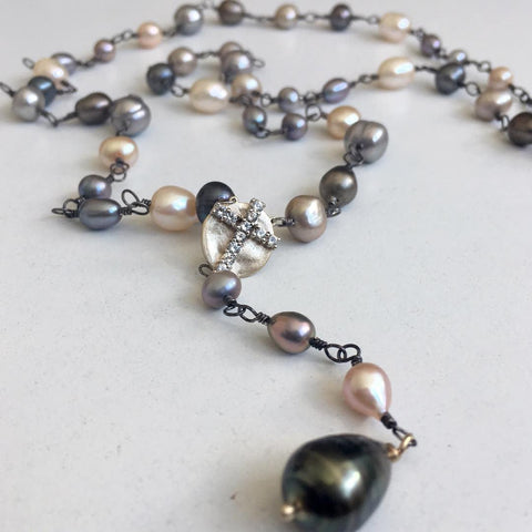 Multi-Pearl & Cross Rosary Necklace