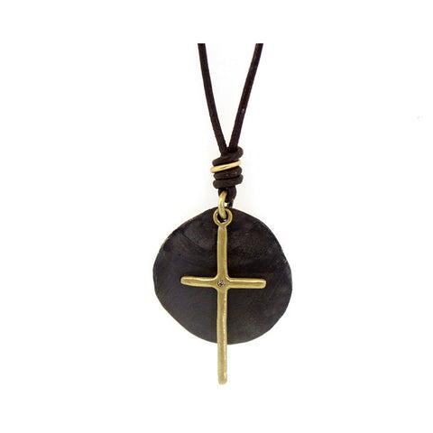 Leather Gold Cross & Disc Necklace